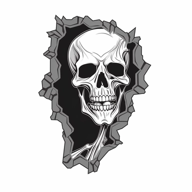 Black and white sticker style, of a realistic skeleton silhouette, breaking through a wood white wall, hole in a white background, clipart style, white background, thick lines, vector shading ,simple design, flat color, solid color