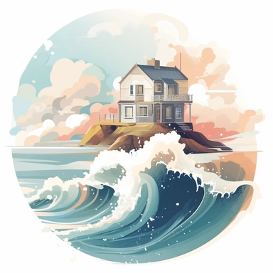 house on a hill overlooking the coast, flat illustration, with ocean waves crashing, clipart on white background, epic composition, fashion style graphics, pastel color palette
