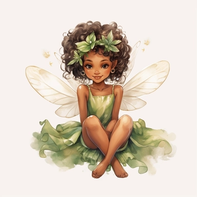 cute brown skin fairy girl clipart watercolor green dress [turnabout] front view, looking at camera cw, 8k, hd v5 line drawing sitting flying