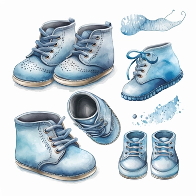 baby boy shoes light blue color, white background, watercolor, hyperrealism, high detail, separate elements, set, clipart