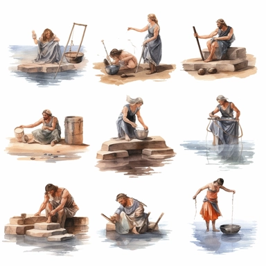 Watercolor well roman people washing clothes in river , illustrations clipart set, simple, , cartoon elements, different variants , , marble elements, separate elements with a margin