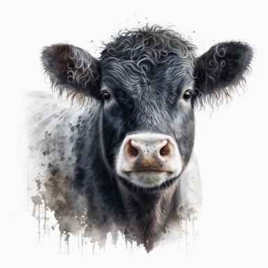detailed watercolour 4k cute fully black no white cow old adult big cow face clipart white background