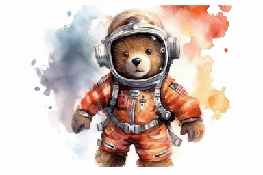watercolor teddy bear wearing astronaut clipart, HD, with white background, spaced out