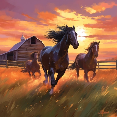 painting of 3 stallions racing across a grassy meadow, a barn in the background, beautiful warm sunset, country, clip art