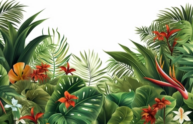tropical plants background vector clipart, in the style of panoramic scale, white background, magali villeneuve, uhd image, creative commons attribution, unique framing and composition