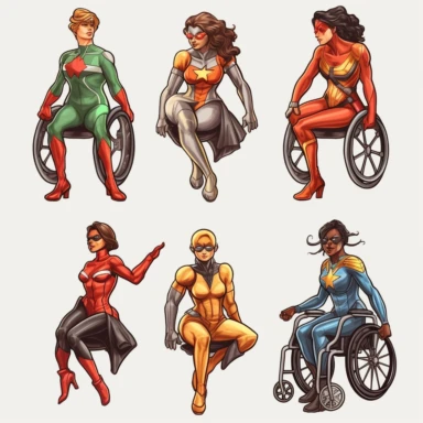 6 clipart elements, series of very hyperdetailed colorful stickers, beautiful superhero women with disabilities using aids, marvel style, superheros, each sticker with a clear white outline between each element, light grey background, realistic