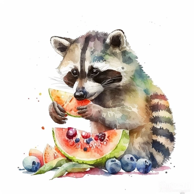 Watercolor clipart of cute racoon eating some exotic fruit, no text, white background