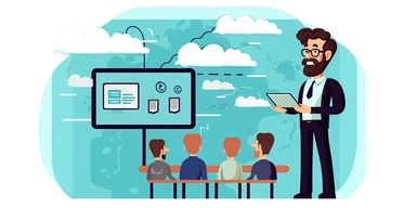 Modern clipart of a man with a pony-tail giving a presentation of a communication web application using a beamer in front of a medium-sized audience