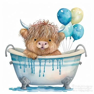 watercolor clipart of a cute happy highland cow sat in a tub with birthday balloons, white background,
