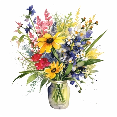 Water colour style, Meadow-Inspired bouquet , large Create a meadow-inspired arrangement by combining native UK and American flowers that bloom in meadows, Mix cowslips, cornflowers, and red campions from the UK with black-eyed Susans, goldenrods, and butterfly weeds from America, watercolour flower arrangement, clipart, vector, intermingled with greenery, white background, no captions, no vase, flower bed setting, ar 2:2