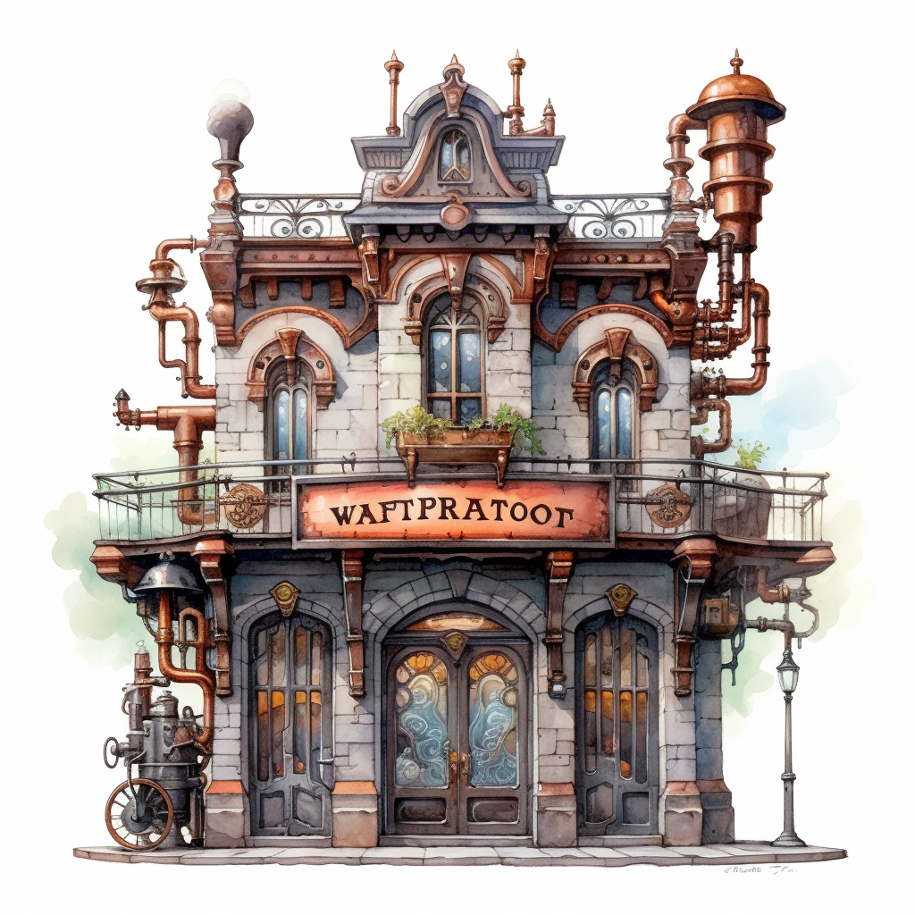 Steampunk-inspired café storefront. A Victorian-style building with ...