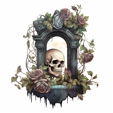 dark arcadia watercolor gravestone clipart, vines, skull, roses