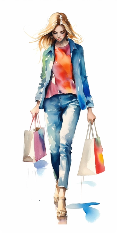 Cute Girl walking in profile, carrying multiple shopping bags in jump .Simplicity watercolor clipart by Thomas W.Schallerof. Transparent white background, png