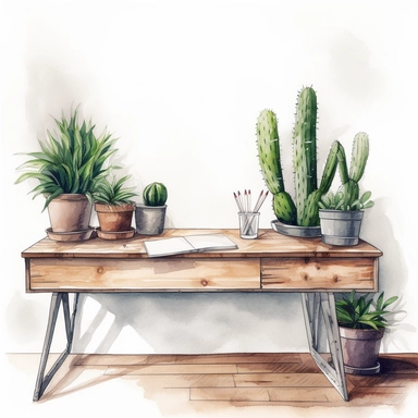 watercolor, hyper realistic, white background, white margins, 16k, ultra detailed clipart, cut out image, hand-drawn A minimalist study area with a small cactus on the desk and a larger potted plant on the floor, against a white brick wall.