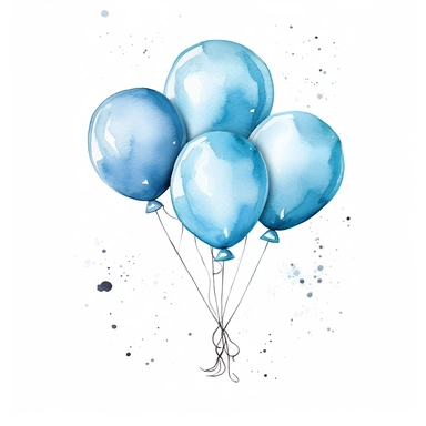 3 baby blue color balloons with string in watercolor style, high quality sharp clipart on a white bsckground