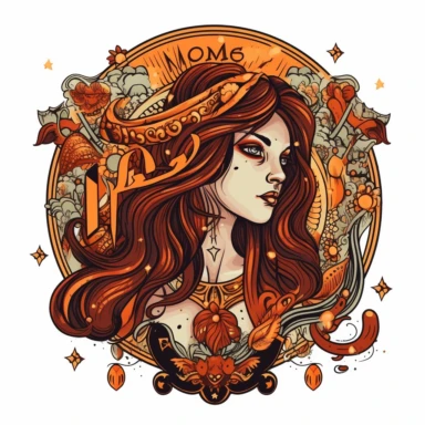 old style fire virgo zodiac, vector design illustration, in the style of detailed heavy metal embroidery, hand-painted details, Horoscope Clipart, isolated white background