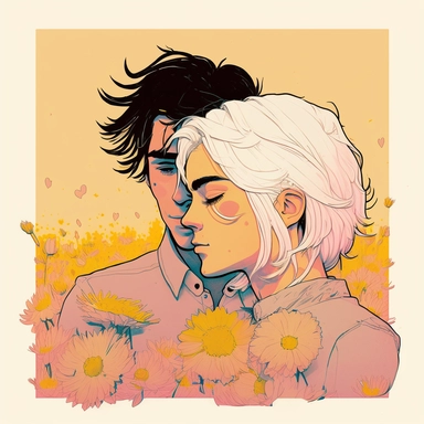 Dreamlike hyper realistic illustration of a couple in love embracing. The man has black hair. The girl is has white hair. In a field of pink and yellow flowers. Flat colors, simple lines, gorgeous lighting, graphic novel style, 2d painting, ink painting style, digital art, childrens character design, happy mood, pixar style cartoon, line work, minimalist, watercolor, 8k, PNG, clipart on white background, sticker style, studio ghibli vibe, studio ghibli style