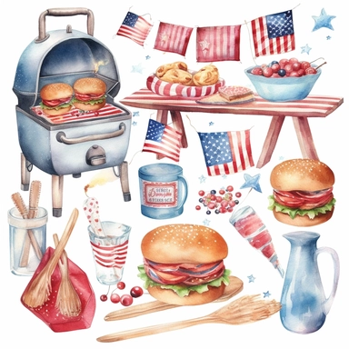 american theme clipart, independence day barbecue, in the style of dreamy watercolor scenes, feminine sticker art, detailed miniatures, patterns, free brushwork, pictorial fabrics, white backround