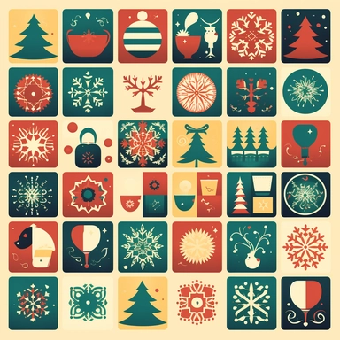 A collection of festive holiday icons (content) in a digital vector clipart style (medium) inspired by seasonal celebrations and decorative elements (style) with crisp, flat lighting (lighting) using a color palette of traditional holiday colors, such as reds, greens, golds, and whites (colors) featuring a variety of symbols, such as a snowflake, Christmas tree, ornament, and gift box, designed with smooth lines and a cheerful style, isolated on a transparent background, perfect for enhancing ho