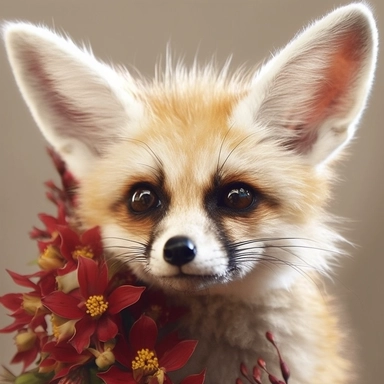 lashes, super lovely, nursery, close-up of an fennec foc, flower. The red panda has fluffy fur with black markings, large ears, and bright eyes. It is standing on top of a white background. vintage clothing hyper realistic 8k clipart