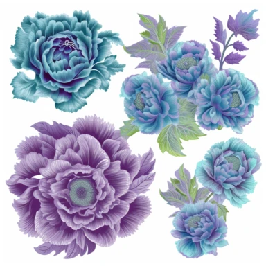 clipart set of purple and blue flowers, kaffe fassett, Master of the Embroidered Foliage, behance winner high detail, psychedelic, isolated on a white background