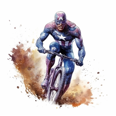 superhero on a gravel bike, hyperrealistic, clipart, white background, watercolor, hyperrealism, high detail, isolated elements