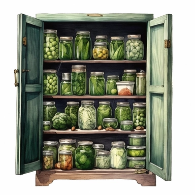 watercolor, hyper realistic, white background, white margins, 16k, ultra detailed clipart, cut out image, hand-drawn vintage green cupboard with a chipped paint finish, holding jars of homemade preserves and pickles.