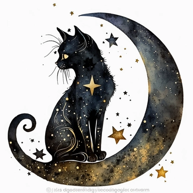 a sitting skinny pagan black cat with moon and stars against white background, clipart, moon, watercolors, white background, stars, planets, galaxy, magical, ornaments, little golden stars, full body, imaginative spacescapes, sparky, golden glitter, oraneg eyes, use Cool Color Palette, intricate illustrations, graffiti - inspired animals