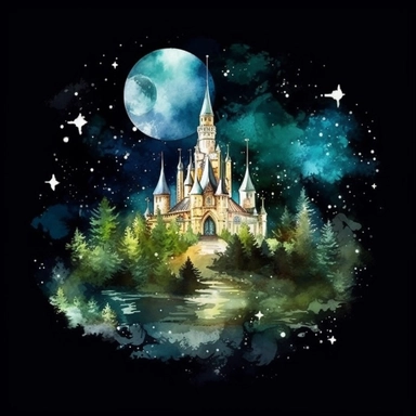 light watercolor Fantasy Castles night scenery on the moon in the garden forest realistic clipart on black background