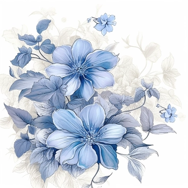 An illustration of blue flower clipart, reminiscent of the delicate and intricate botanical drawings by Beatrix Potter. Exquisite blue blossoms, meticulously rendered with fine details and graceful lines. The flowers exude a sense of elegance and serenity, capturing the beauty of nature. Cool color temperature enhances the calming atmosphere. Soft, diffused lighting adds a touch of softness, highlighting the delicate petals.