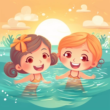 cute baby girls swimming in the sea, summer time clipart