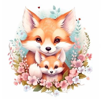 Cute floral illustration, realsitic adorable baby fox hugging his mom happy clipart, nursery style clipart, Nursery Animals Art, Kids Wall Art, Kids Room Decor, Baby Room Decor, isolated on white, ultra - detailed, high quality, ghibli style, award winning