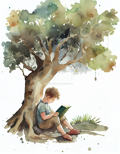 detailed watercolor child reading a book under a big tree, long shot, wide angle, realistic, isolated on white background, clipart