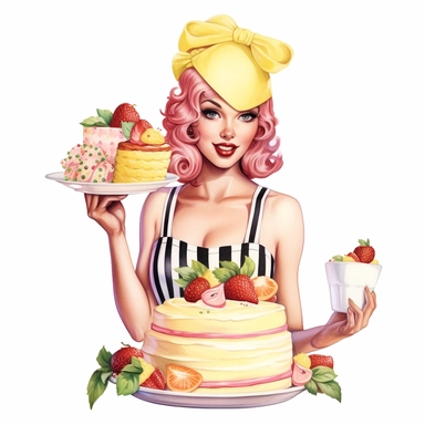 Hand drawn pin up woman, wearing a yellow bakers hat, pink and white striped apron, holding lemonade cake with lemons, with strawberries and blossoms, glamorous, half body, very detailed and realistic, watercolor, white background with margins, clipart style