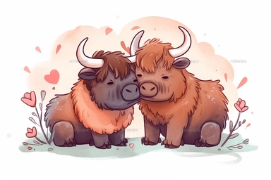Cute Bison in valentine Day clipart, cartoon, white background,