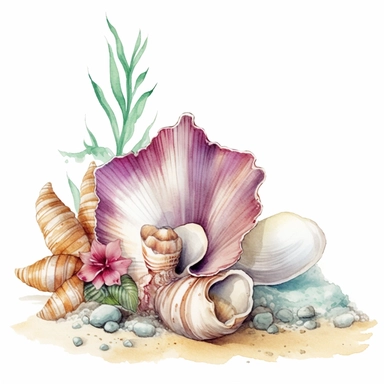 hand drawn sandy beach with a conch shell sitting in the sand, orchid bloom beside the conch shell, glamorous, clipart style, detailed and realistic, watercolor, white background with margins