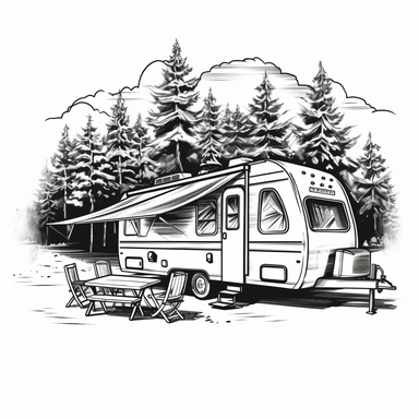 travel trailer campsite clipart, simple line drawing