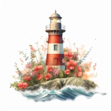 nautical lighthouse floral clipart,,hd,8k,--s,1000,--3:2--,--v 5,ar
