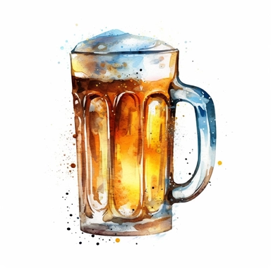 one cup of beer clipart on a white background, in the style of Watercolor illustrations, light azure and dark amber, light amber and silver, light gold and light amber, luminous 3d objects , no watermark, text, 300 DPI , typography, shapes do not stick together, no text in the picture, on a white background