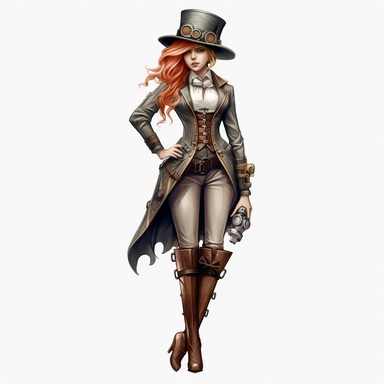 steampunk victorian girl prototype, full body, watercolor, gears, pinions, calipers, clocks, rivets, top hat, clipart, duo tone, realistic, ultra resolution, vivid detail, 8k, minimal watercolors, white background