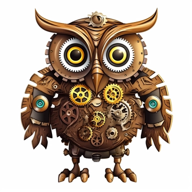 friendly owl with big cute eyes, standing up, in the style of steampunk, clipart, white background, lots of cogs
