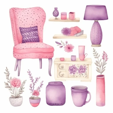 cute watercolor home decor items, vase, pillow, wall frame with lavender flowers, in the style of hot pink, lavender and beige colors, intricate illustrations, primitivist elements, dotted, pencil texture, vivid color palette, Clipart Collection, objects isolated on white background
