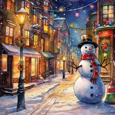 Watercolor drawing, christmas lights, large snowman, the city at night, the lights on, bright colors, ultradetailed hd , style by Lucy Fleming, watercolor, smooth gradients, black contour outline, ultra detailed, clipart elements, delicate pastel colors, solid white background, super clear, high quality