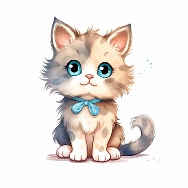 a whimsical cute fluffy baby cat cartoon clipart on white background with margins, watercolor, icon, sticker art