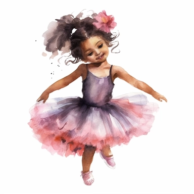 little Hispanic girl dancing in tutu, watercolor, pastels, whitebackground, clipart