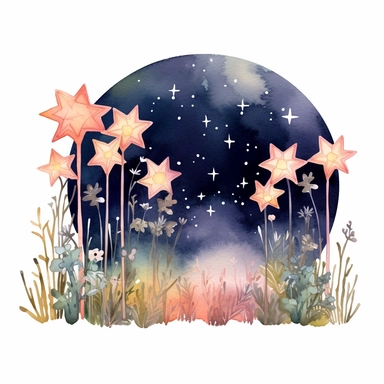 watercolor stars at twilight over flowers illustration clipart, in the style of use of boho tones, intricate storytelling, boho color palette, rounded, ephemeral installations, elaborate borders, romanticized depictions of wilderness, clipart, blank white background