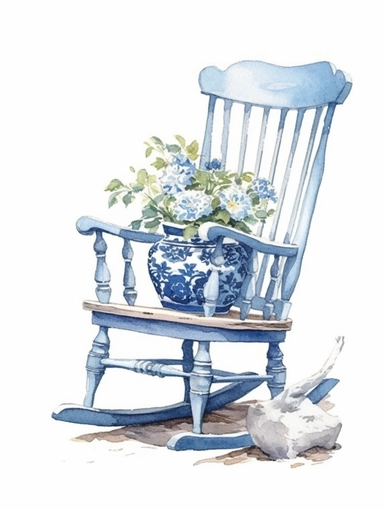beautifully carved,vintage, country, extreme detail, sharp focus,rocking chair, beautifully carved , that has been painted a lovely shade of blue, watercolor, in the garden with flower pots next to it on the ground, arm rests and on white background, clip art