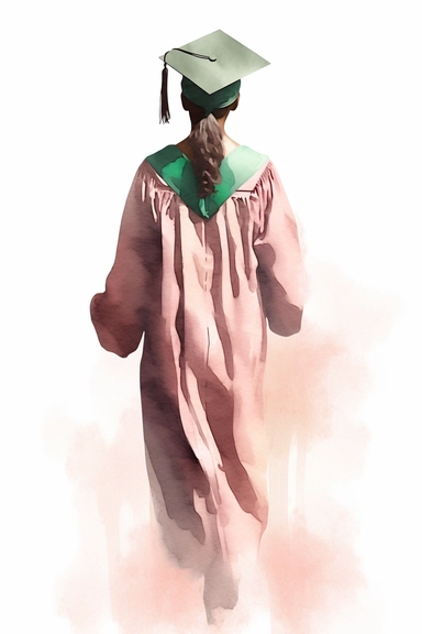 vector watercolor, full back view, drawing of dark skinned woman wearing a light green, dark pink and white cap and gown on graduation day clipart, front view, in style of Michiel van Huysum, subtle faded color variations, hyper-detailed hd clipart, on white background, spaced out