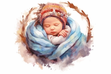 cute watercolor newborn boho sleeping baby in crible, isolated white background, babyshower clipart, 8k, soft multicolor boho colors