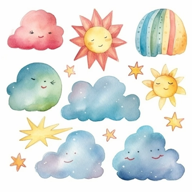 BUY 4 GET 50% OFF Watercolor Weather Clip Art - sun moon clouds rain snow lightning rainbow clipart & illustration - Commercial Use Ok